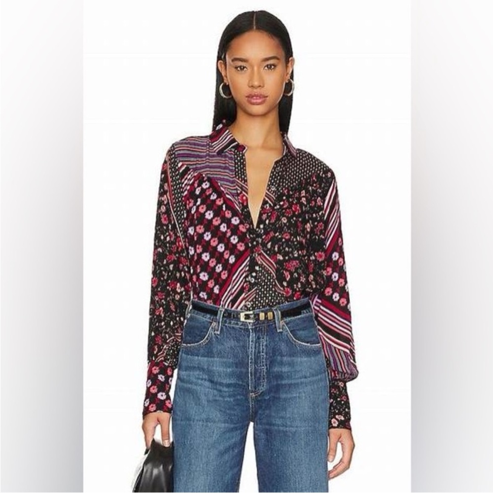 Free People Hazel black red purple combo floral long sleeve boho button up shirt
